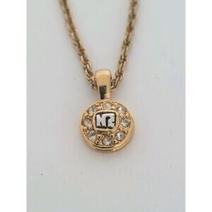 Vintage Nina Ricci NR Round Pendant Necklace Reighstones 14” Gold Chocker Small